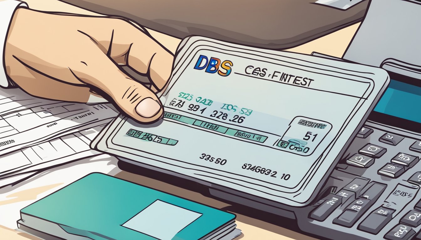 A hand reaches for a credit card with "Fees and Interest" written on it, while a bank statement shows "dbs cashline singapore" in the background