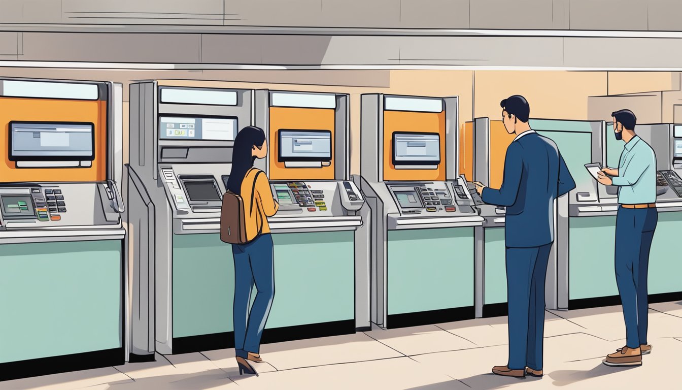 A person using a DBS Cashline machine with a customer service representative providing support