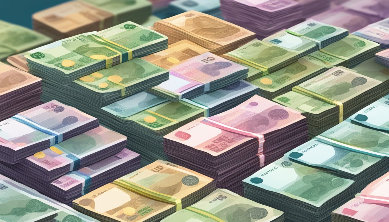 A stack of Singaporean currency with a "DBS Cashline Annual Fee" notice displayed prominently