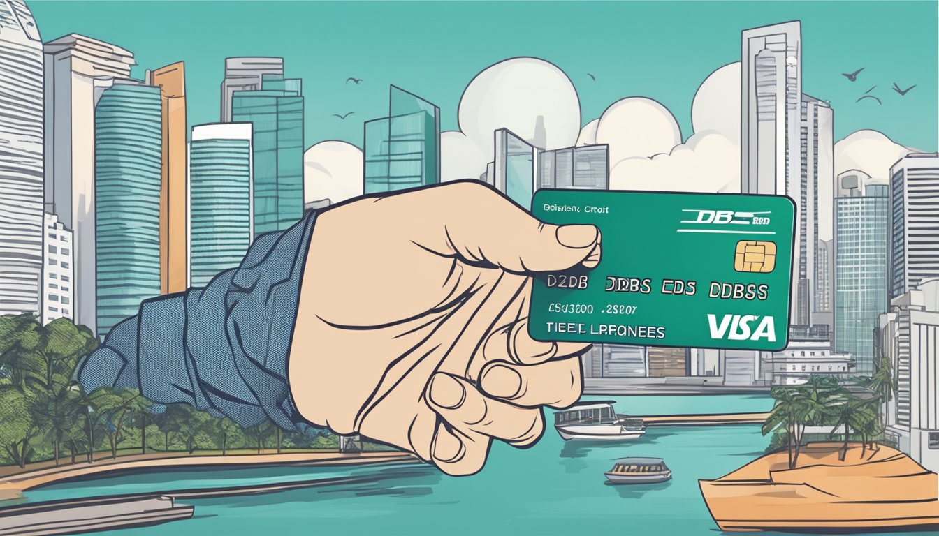 A hand reaching for a credit card with "DBS Cashline" printed on it, with a backdrop of the Singapore skyline