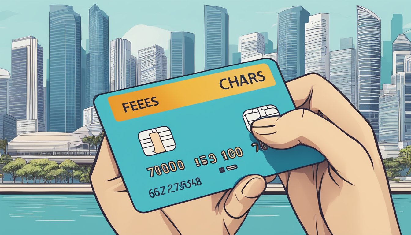 A hand holding a credit card with "Fees and Charges" written on it, against a backdrop of the Singapore skyline, with a visible annual fee amount
