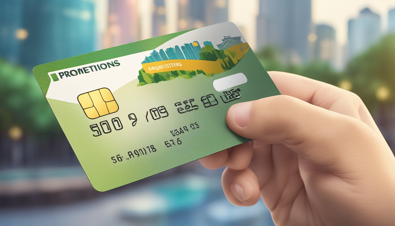 A hand holding a credit card with "Promotions and Benefits" written on it, with a cashline and annual fee information displayed in the background, set in the city of Singapore