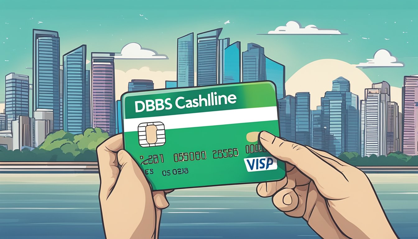 A hand holding a credit card with "DBS Cashline" written on it, with a "Annual Fee Waiver" sticker, against a backdrop of the Singapore skyline