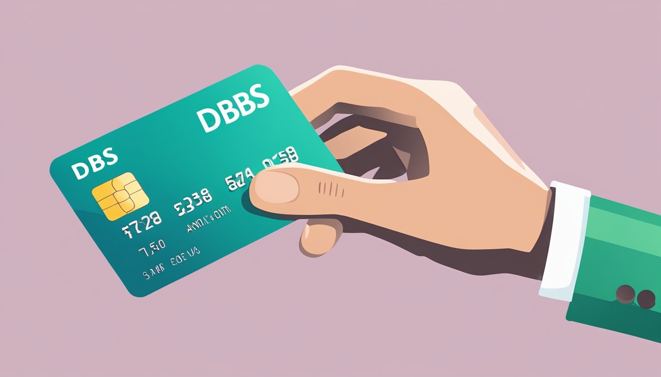 A hand reaching for a credit card with "DBS Cashline" printed on it, with a "annual fee waiver" sticker next to it