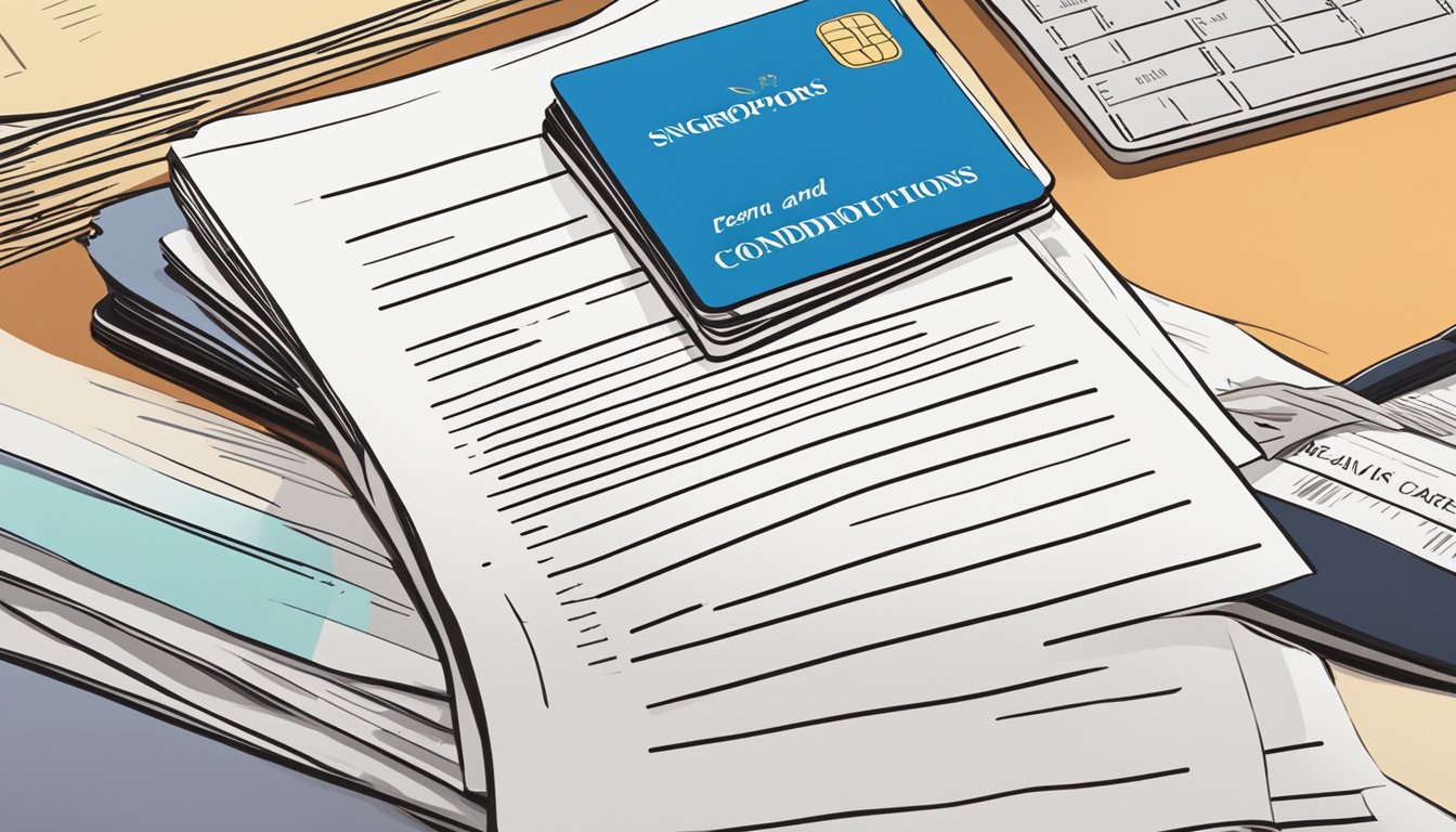A stack of legal documents with "Terms and Conditions of Waivers" prominently displayed, alongside a credit card and a Singaporean flag