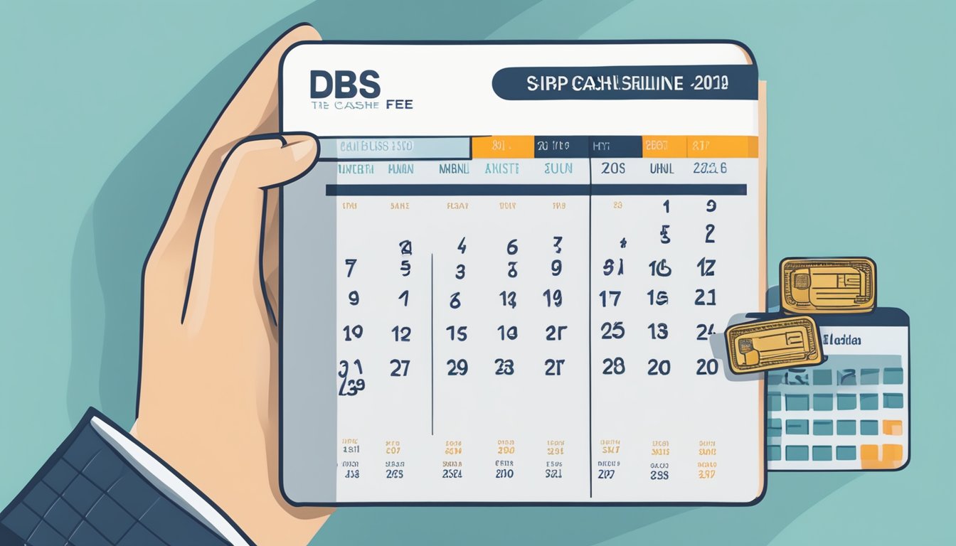 A person holding a credit card with the words "DBS Cashline" on it, while a calendar shows the date of the annual fee waiver in Singapore