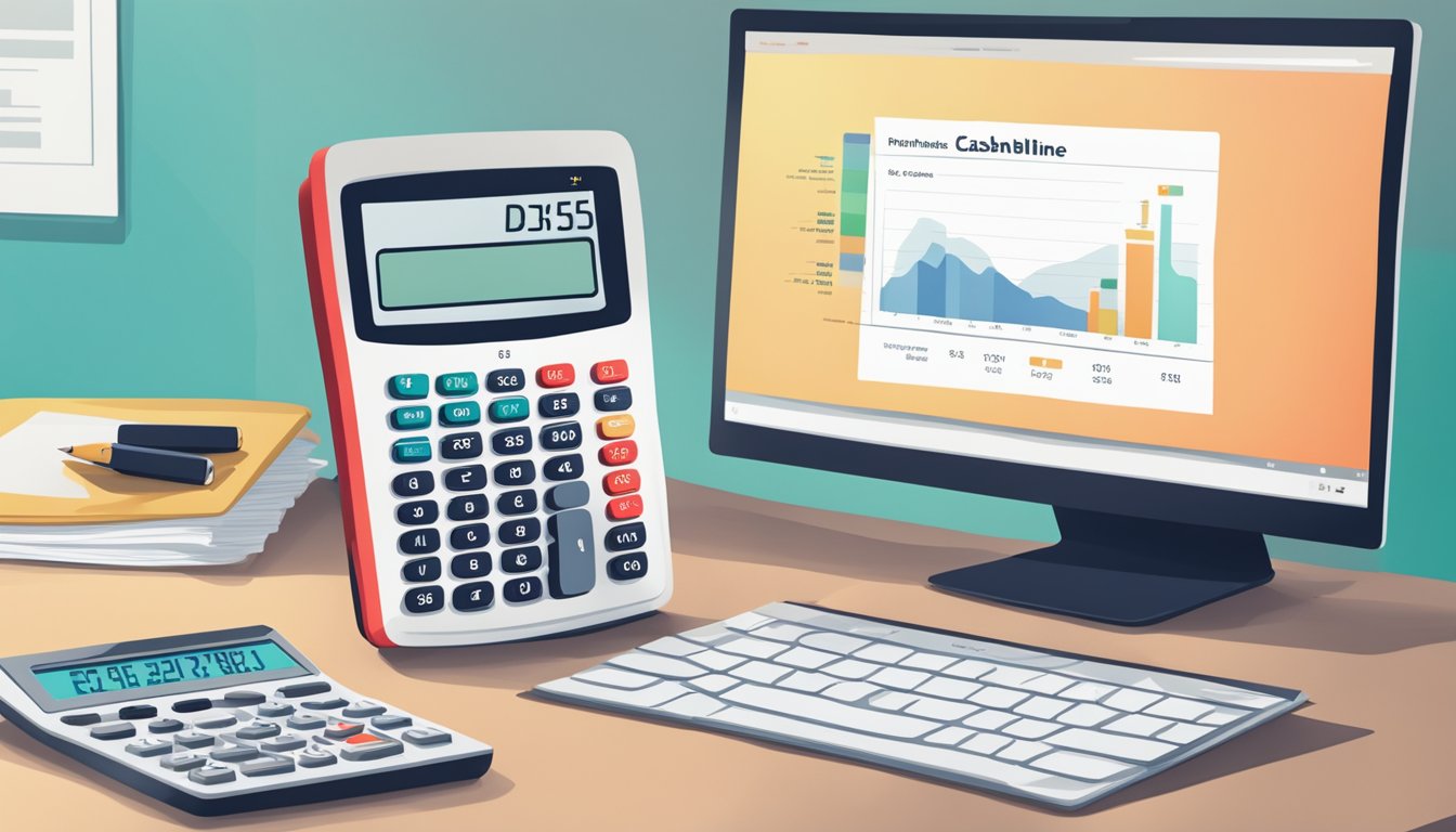 A calculator with the DBS logo sits on a desk, surrounded by financial documents and a laptop. The screen displays the current cashline balance