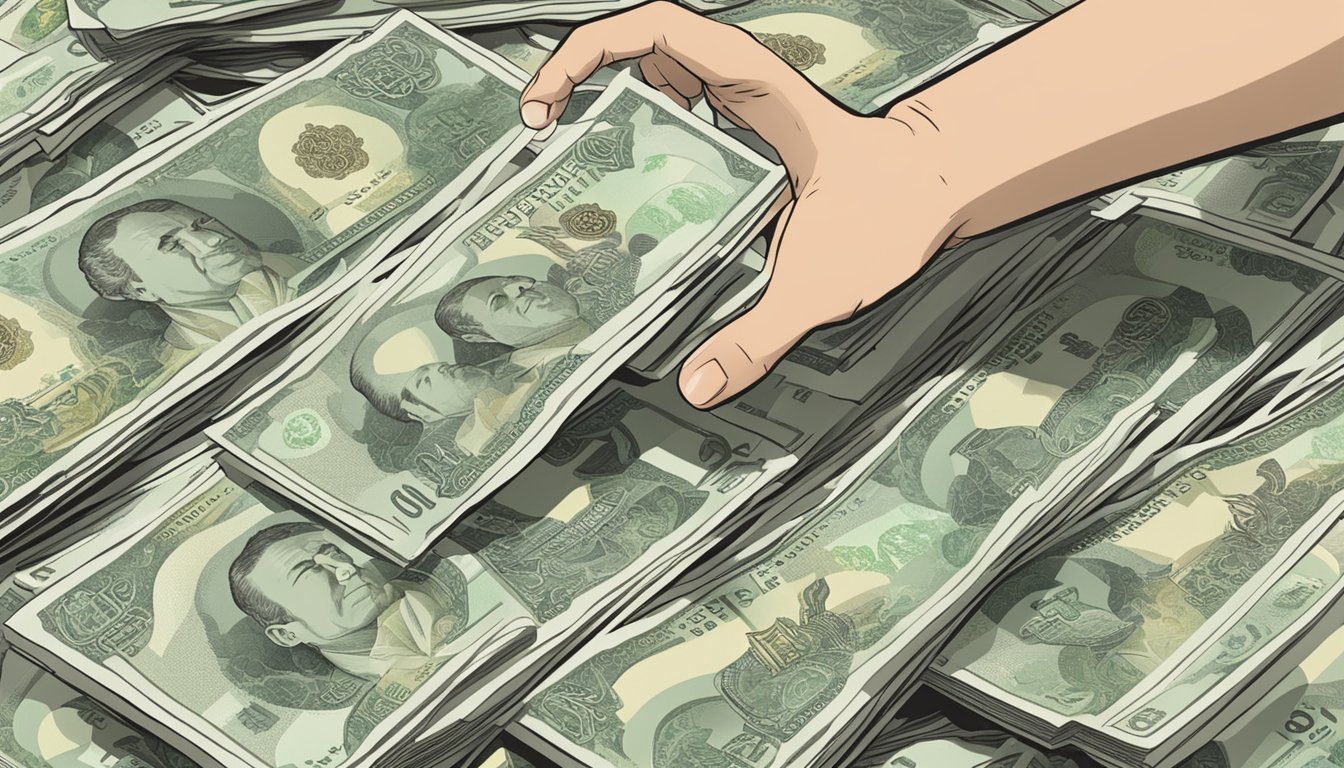 A hand reaching for a pile of Singapore dollar bills with the words "DBS Cashline Interest" displayed prominently in the background