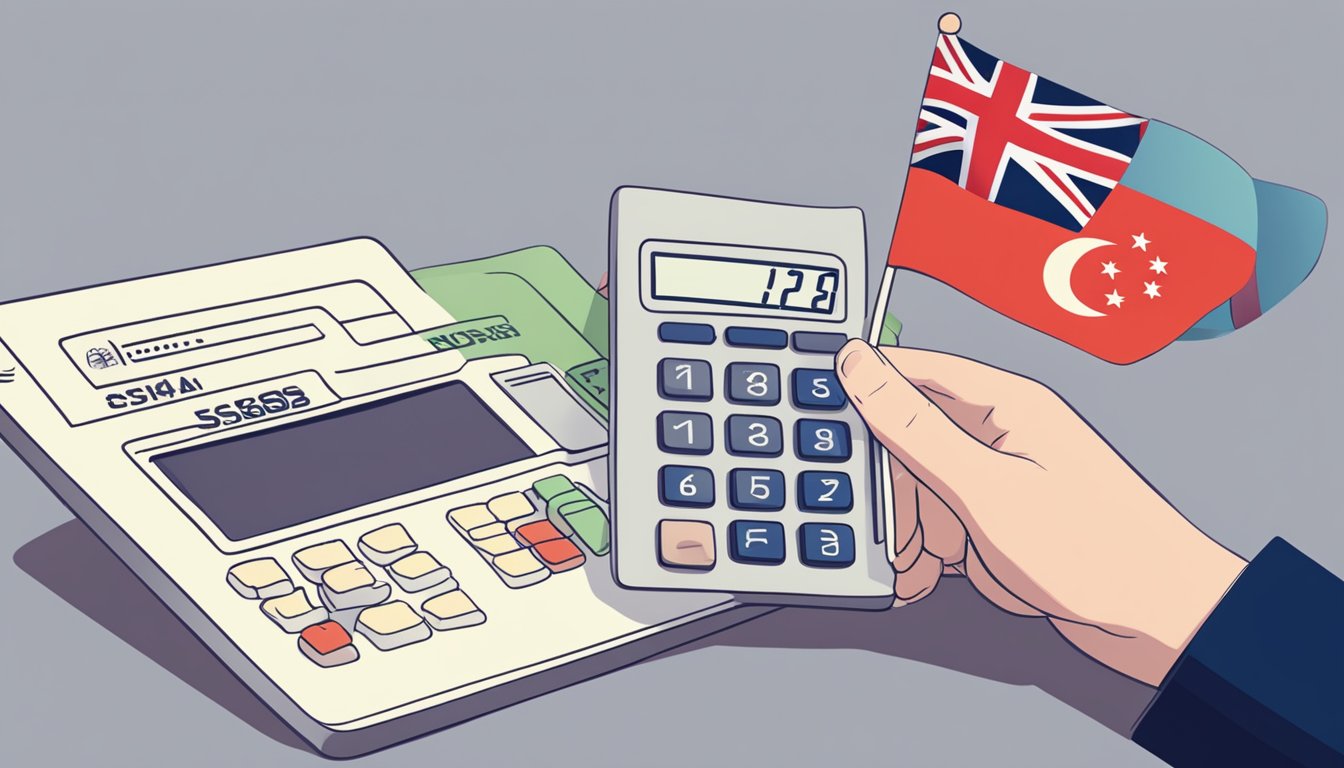 A hand holding a DBS Cashline statement with interest rates, a calculator, and a Singaporean flag in the background