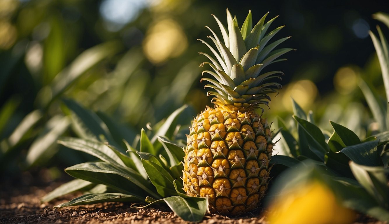 A ripe pineapple is golden yellow with green leaves. The skin should be firm but yield slightly to pressure