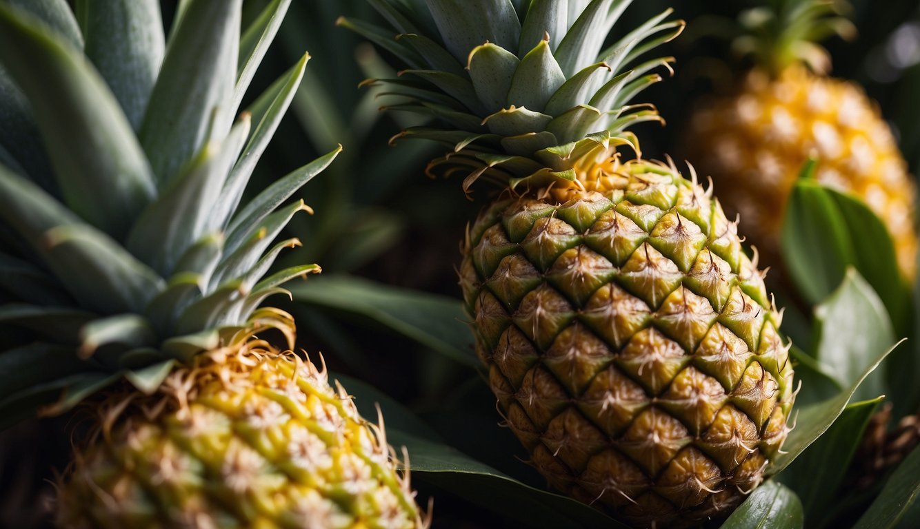 A ripe pineapple emits a sweet, tropical fragrance. Its golden skin gives slightly when pressed