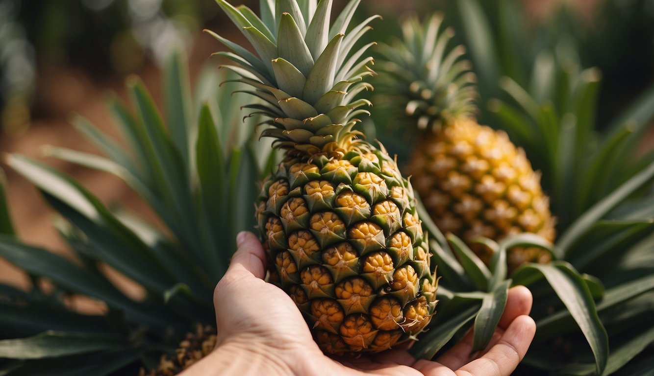 A ripe pineapple sits heavy in hand, its skin golden and fragrant. Leaves pull away easily