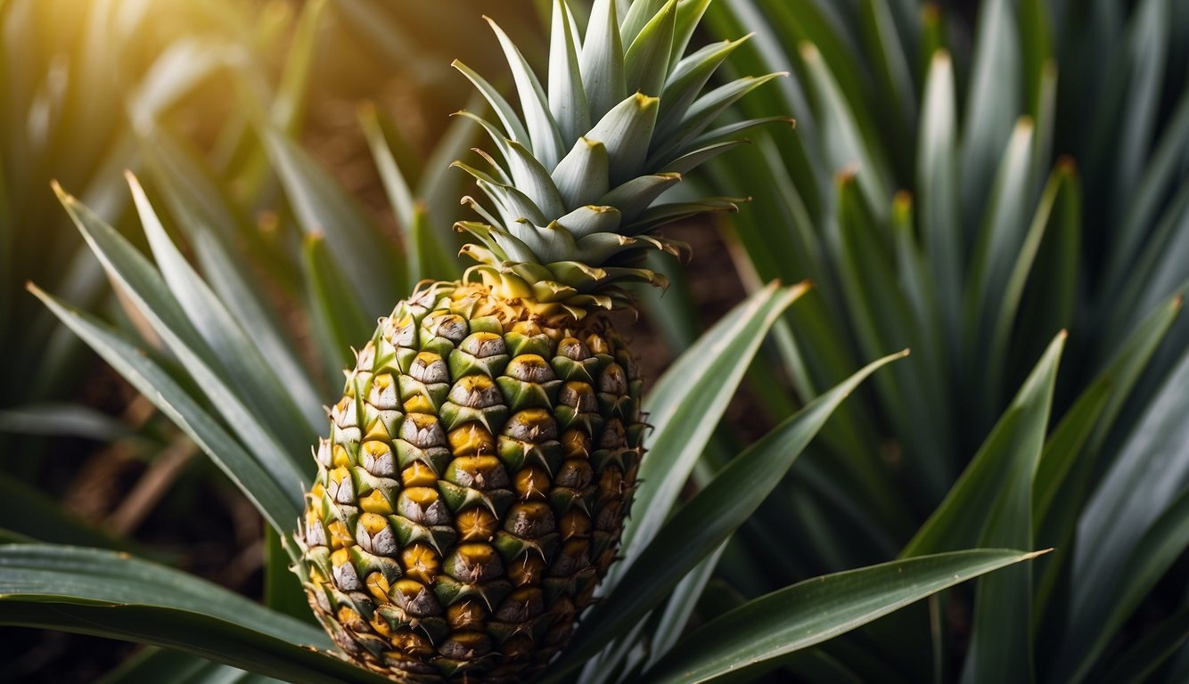 A pineapple with golden skin and firm leaves, stem should be easily plucked. Uniform color and slight give indicate ripeness