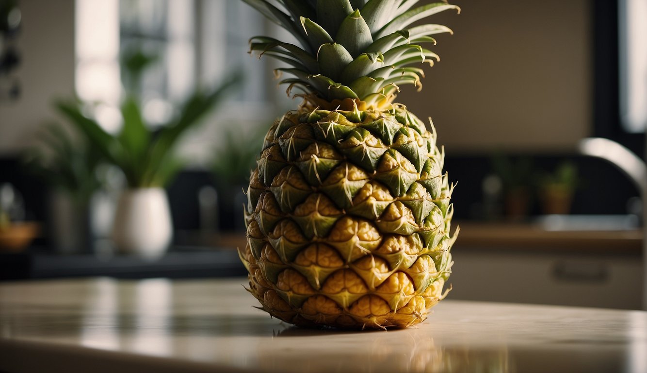 A ripe pineapple sits on a kitchen counter, its golden skin showing hints of green. A sweet aroma fills the air, signaling its readiness for consumption