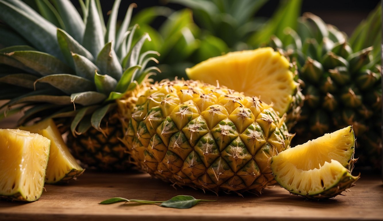 A ripe pineapple sits on a cutting board with a sweet aroma. Its skin is golden yellow with green leaves. A knife is nearby
