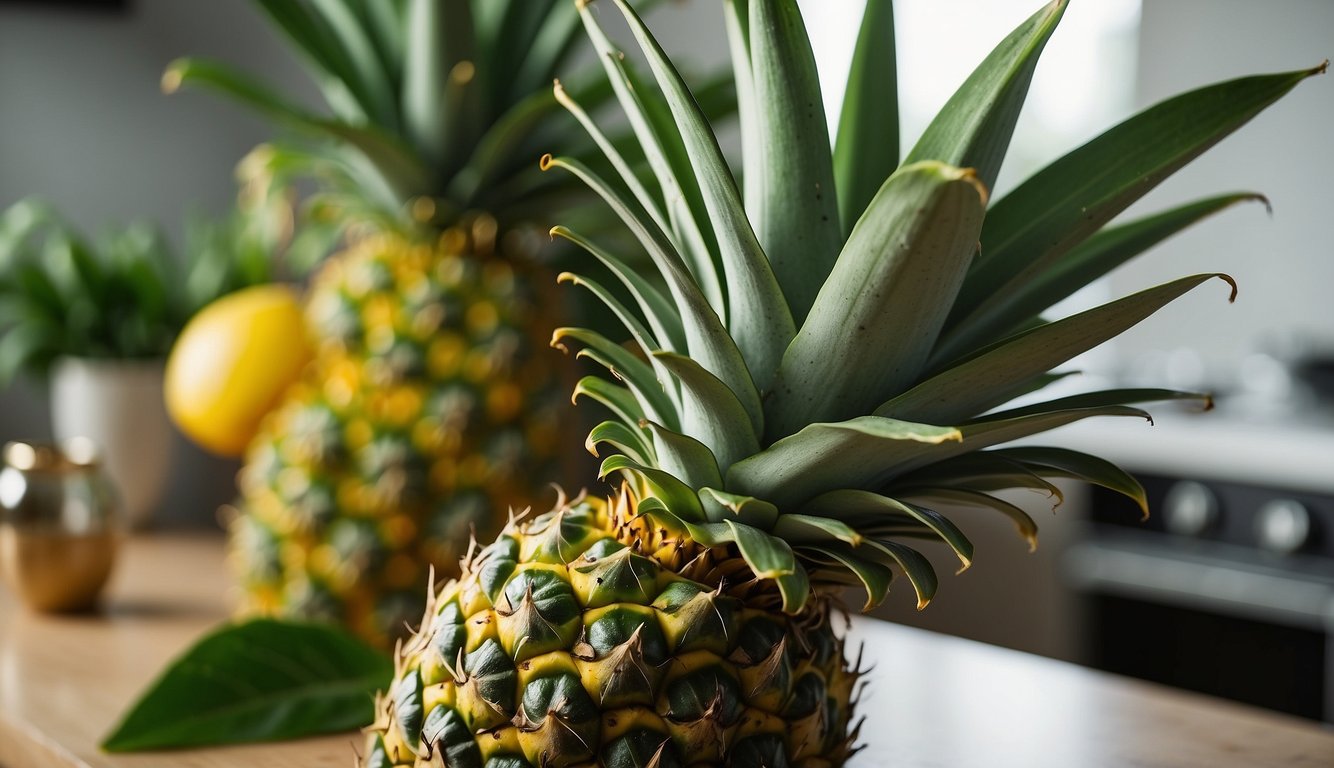 A pineapple with vibrant green leaves sits on a kitchen counter. Its golden skin is firm with a sweet aroma. No signs of mold or soft spots