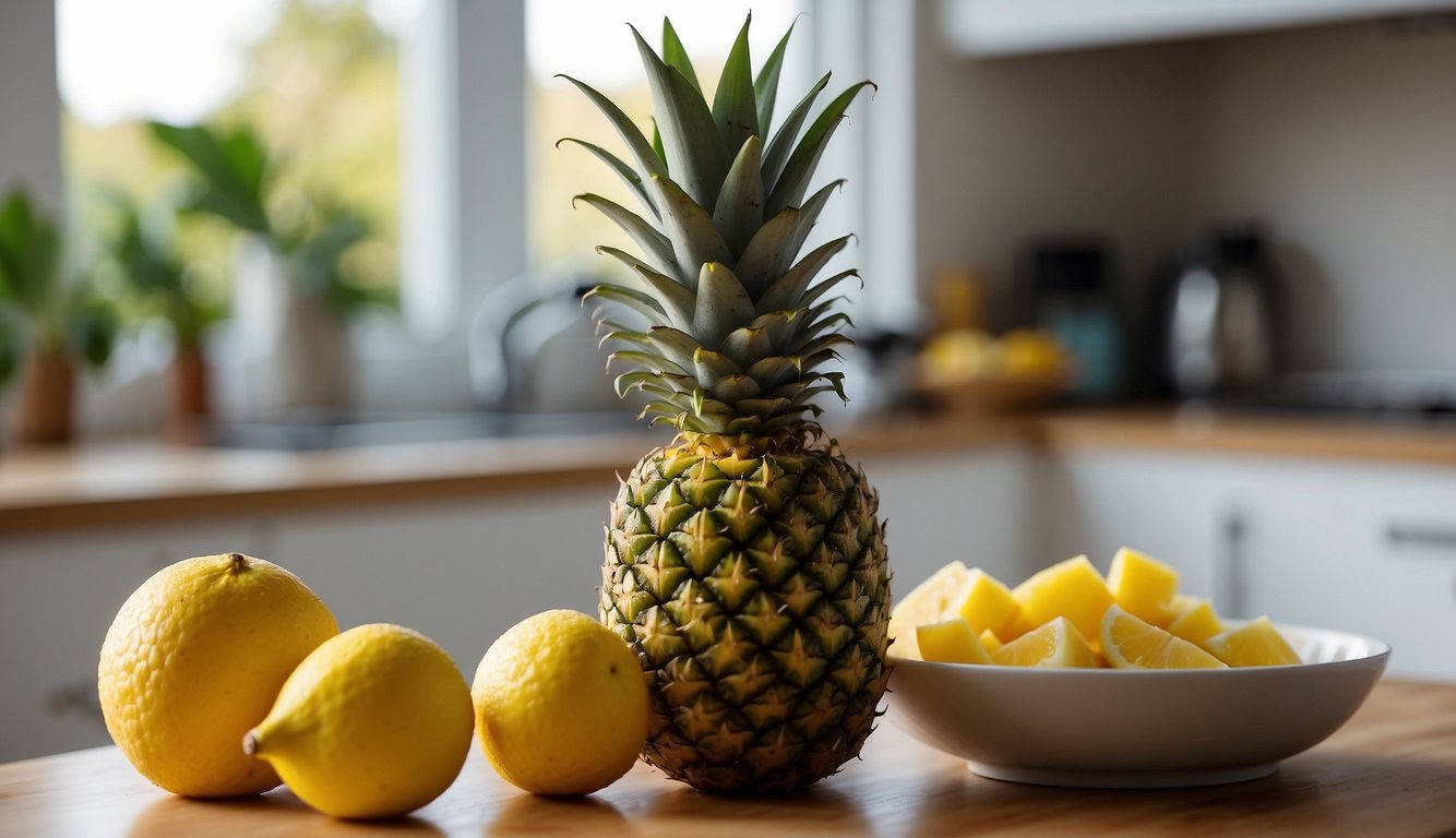 A ripe pineapple sits on a kitchen counter, its vibrant yellow skin and sweet aroma indicating its readiness to be enjoyed
