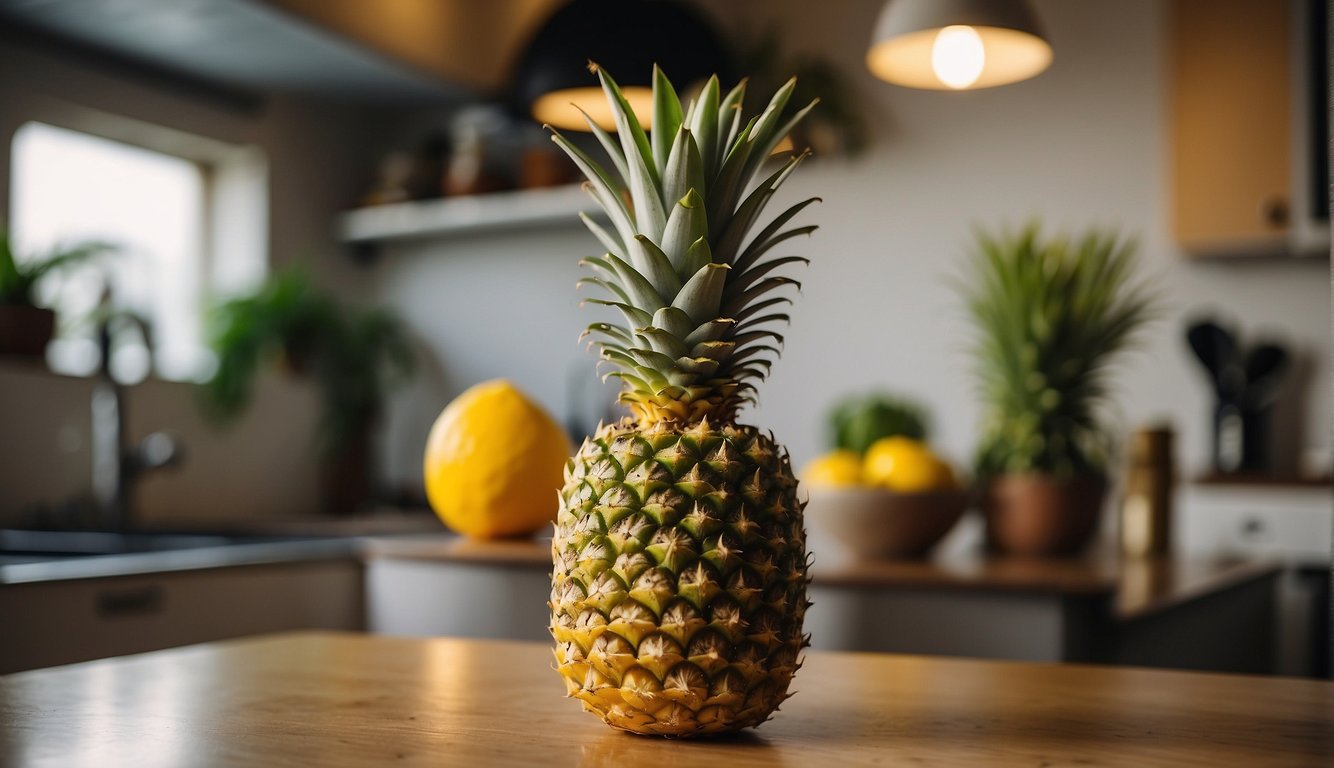 A ripe pineapple sits on a kitchen counter, its golden skin showing no green. A sweet aroma fills the air