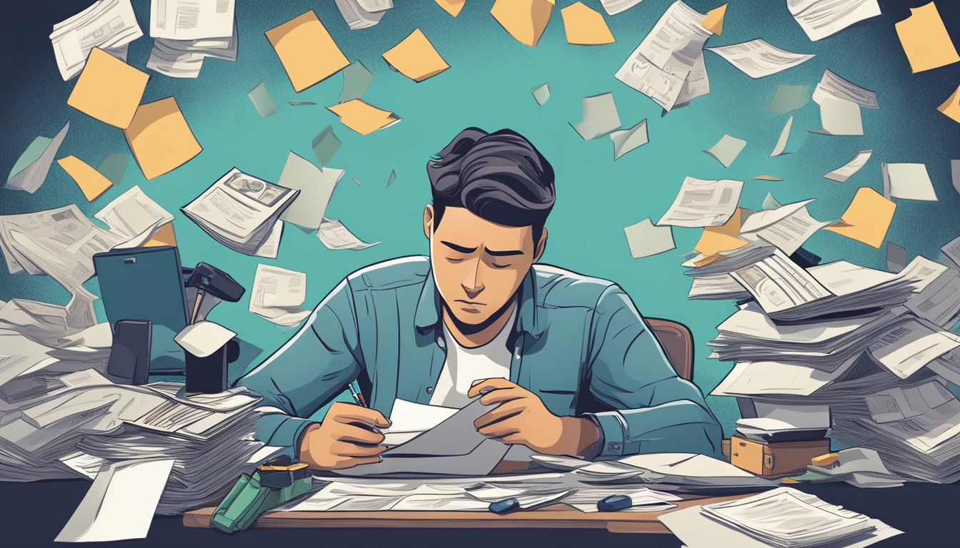 A person sitting at a cluttered desk, surrounded by bills and financial documents. They are looking stressed and overwhelmed as they try to make sense of their debt consolidation options