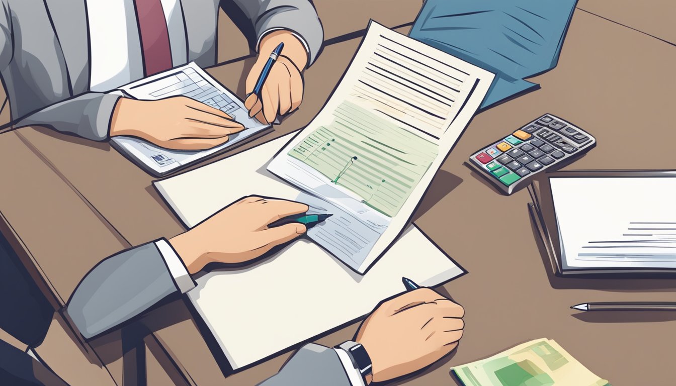 A person signing a loan agreement with a bank representative