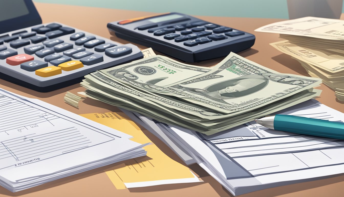 A stack of money and financial documents arranged neatly on a desk, with a calculator and pen nearby
