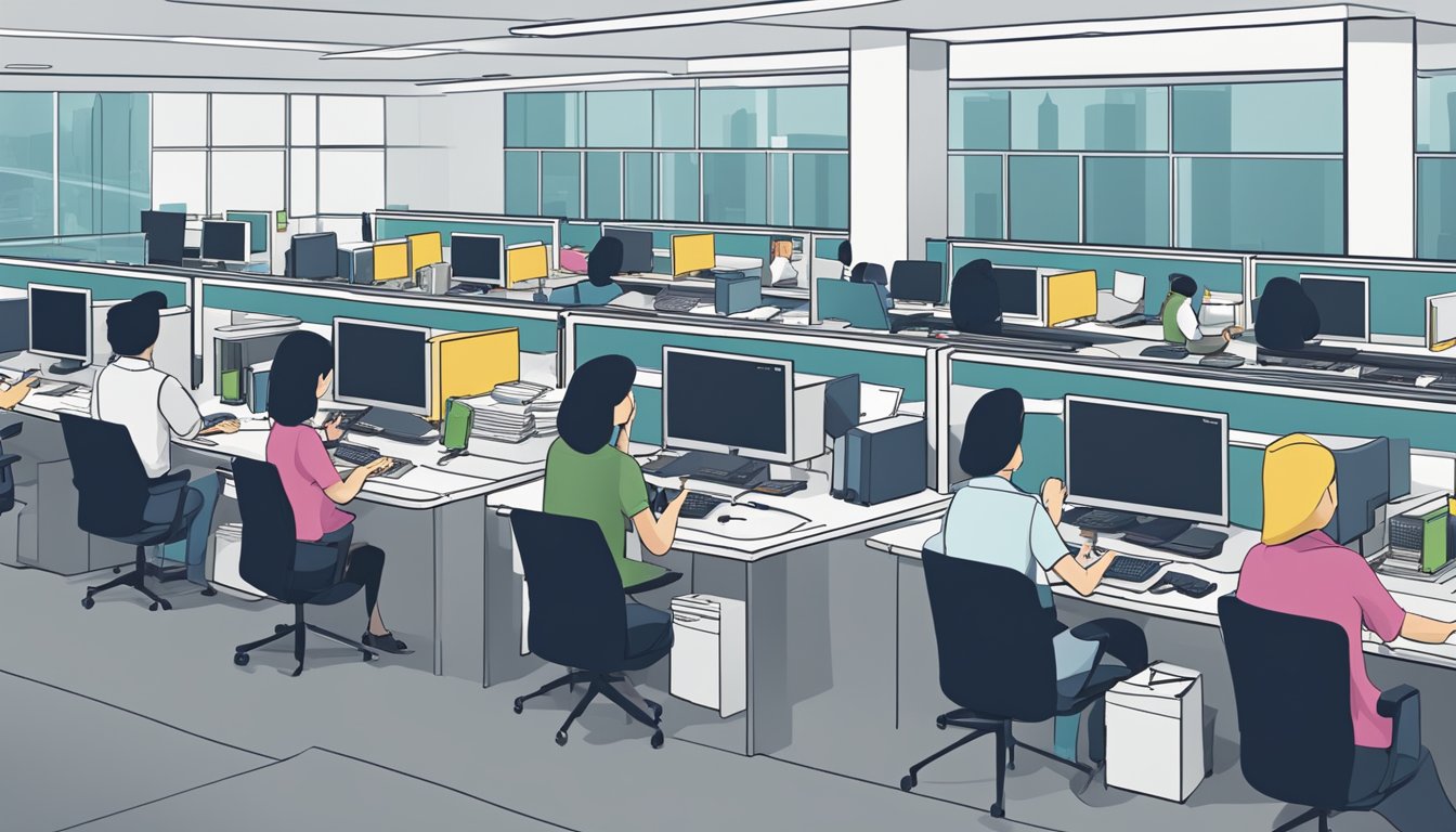 A bustling contact center in Singapore, with rows of workstations and employees assisting customers over the phone and computer