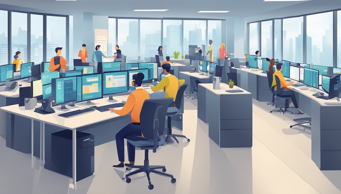 A bustling contact center with agents at their desks, fielding calls and emails from customers. Screens display performance metrics and queue status