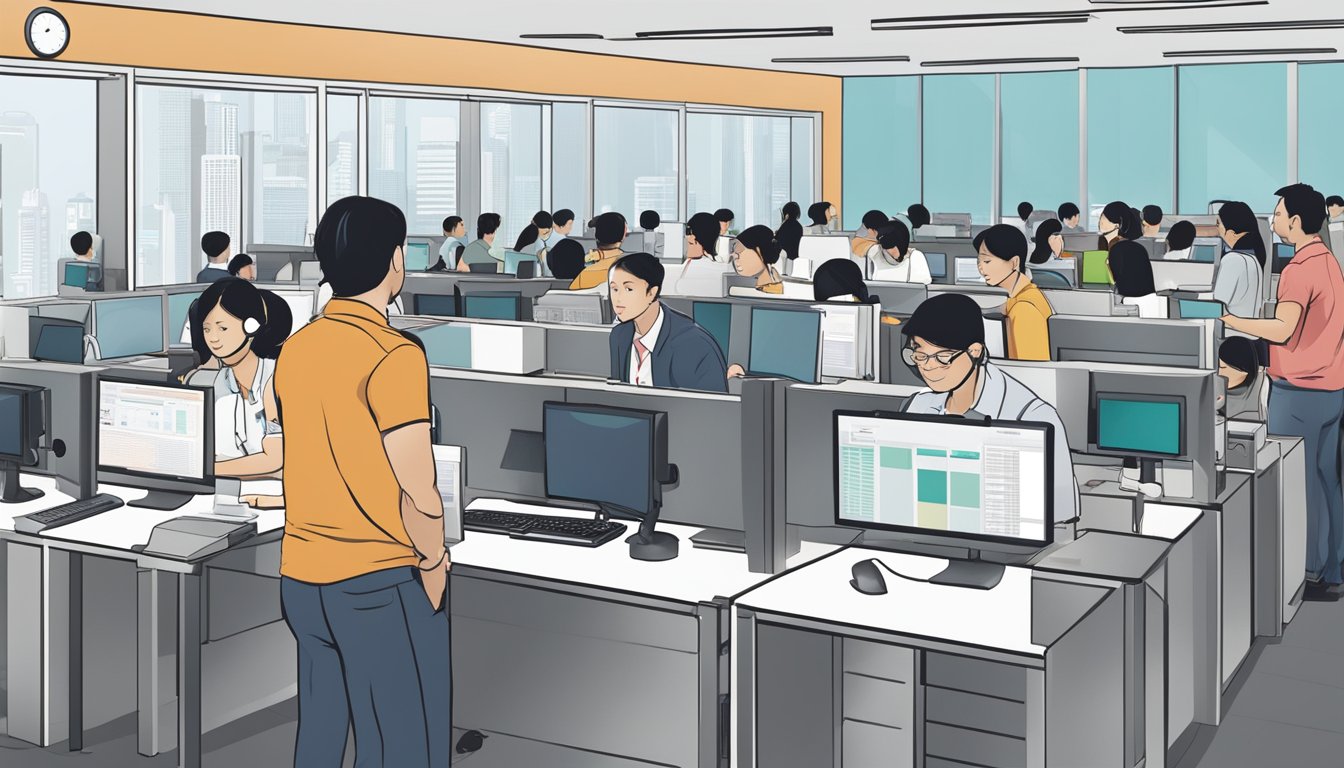 Customers line up at the dbs contact center in Singapore, with staff assisting them with their frequently asked questions