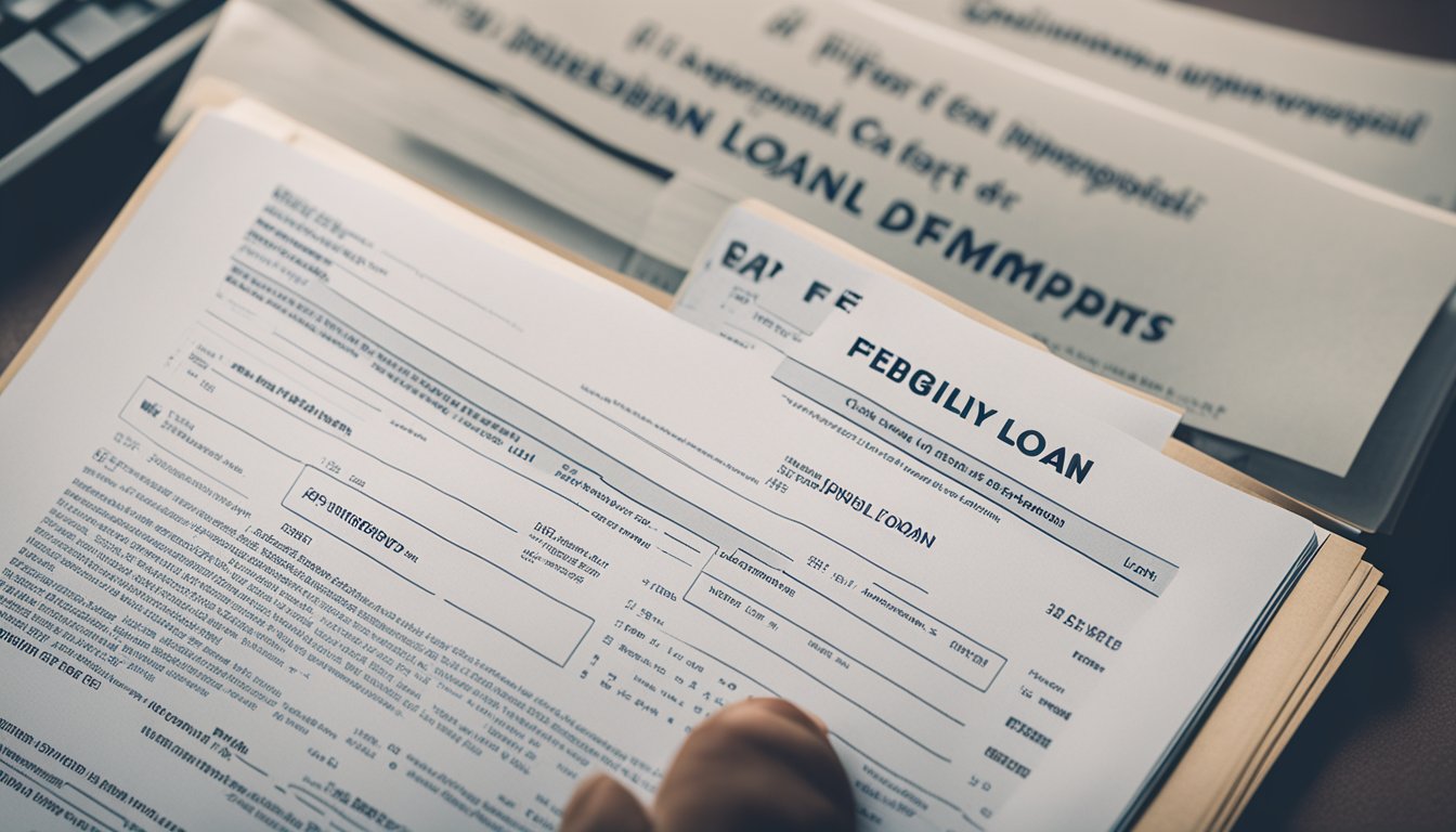 A pile of documents with "Eligibility Criteria for Personal Loans" printed on top, next to a laptop displaying "Can I Get Approved for a Personal Loan if I'm Unemployed? - Singapore."