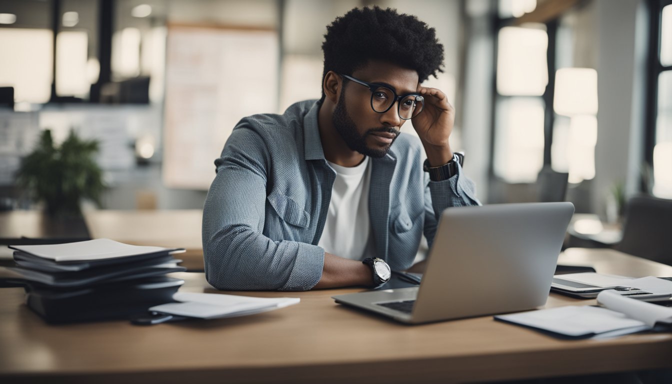 A person sits at a desk, surrounded by paperwork and a laptop. They look frustrated as they try to navigate the process of applying for a personal loan while being unemployed