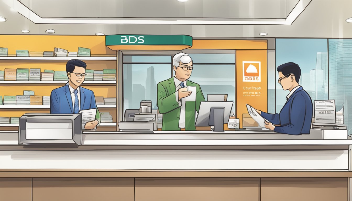 A customer submits a written request for a DBS credit card annual fee waiver at a bank counter in Singapore