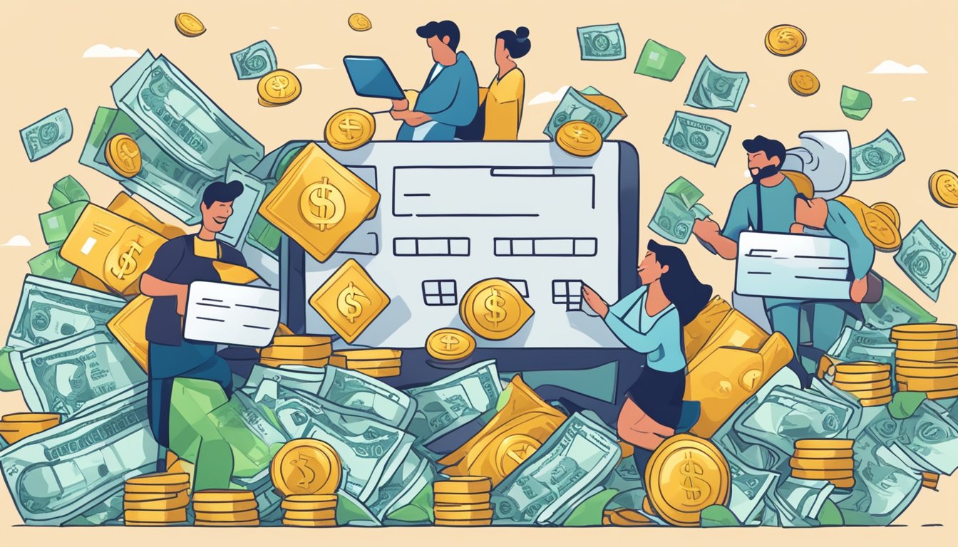 A credit card with a "no annual fee" sign surrounded by happy customers and a pile of money