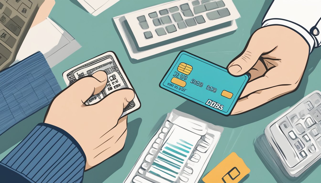 A hand holding a credit card with a "dbs" logo on it, while a waiver stamp is being placed over the annual fee section
