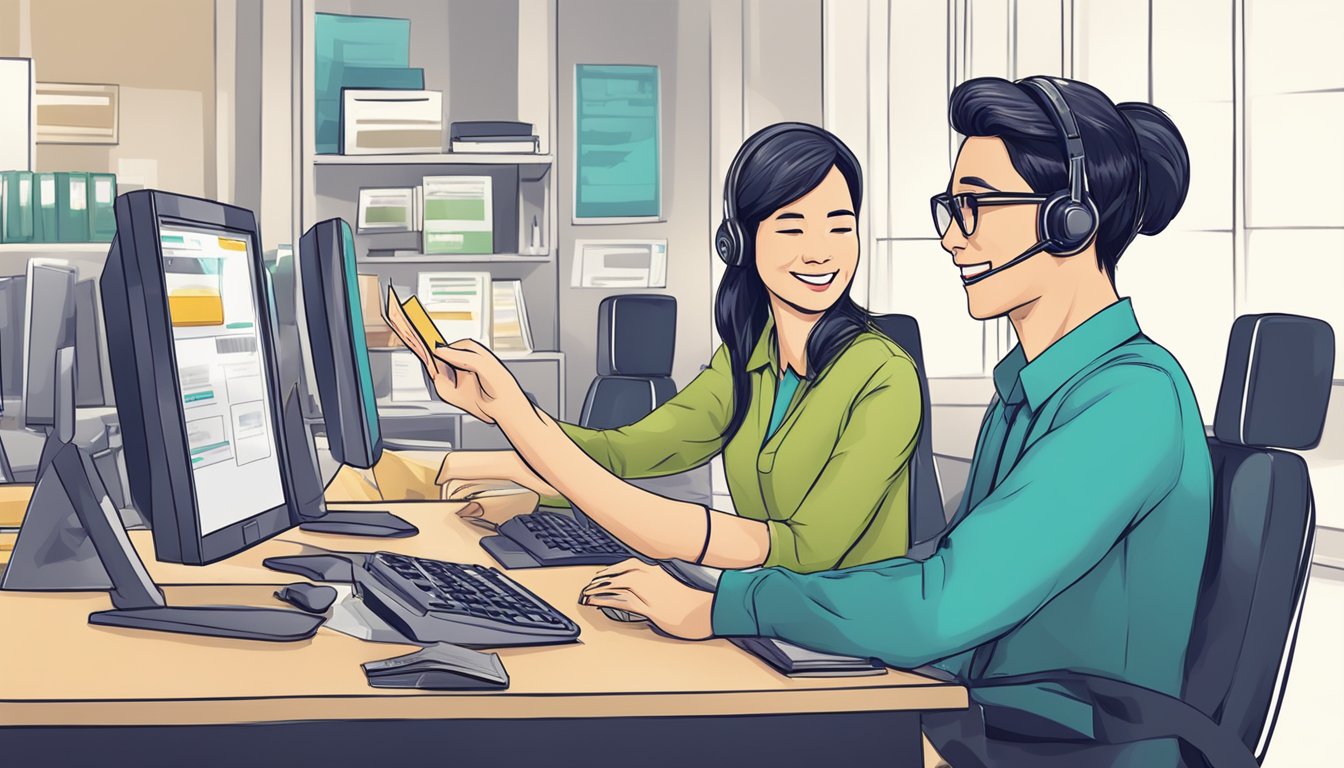 A customer service representative waives a credit card annual fee for a customer in Singapore