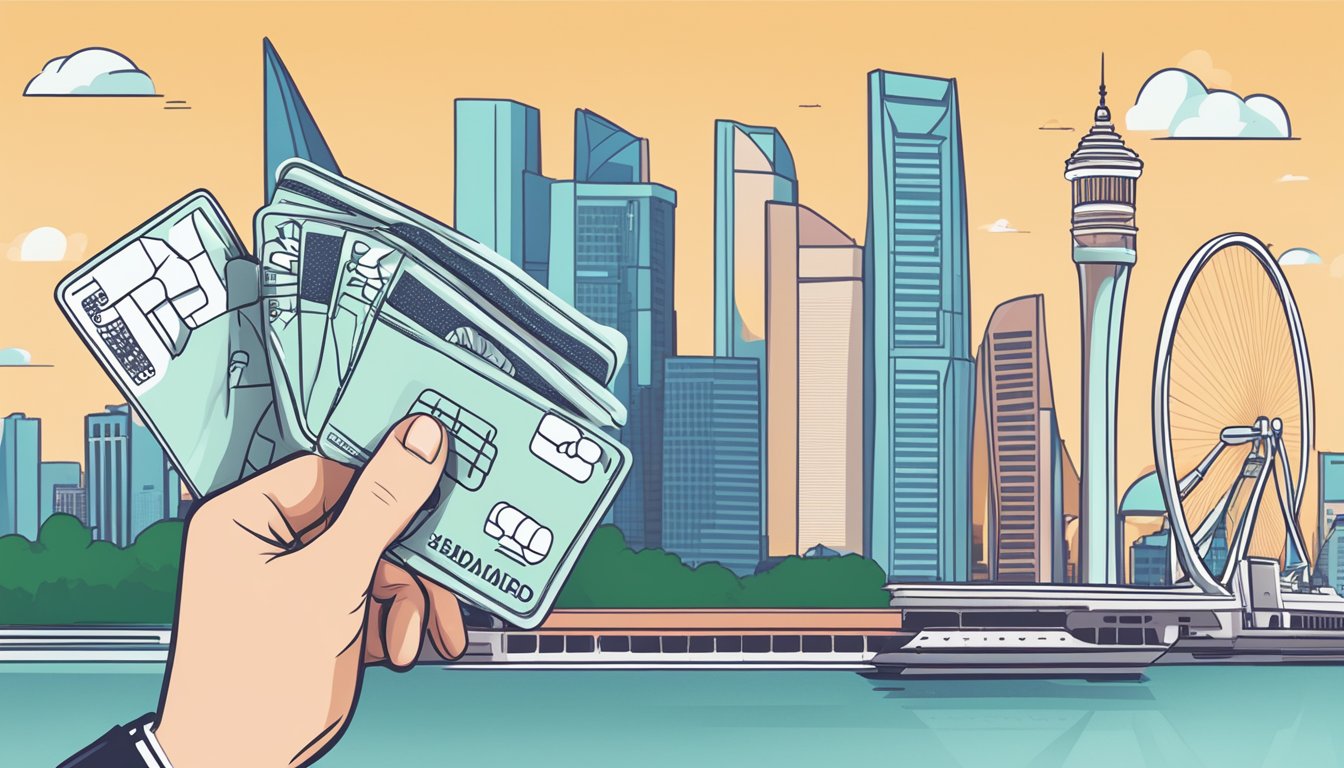 A hand holding a DBS credit card against a backdrop of iconic Singapore landmarks