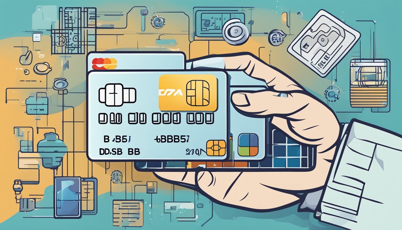 A hand holding a DBS credit card with various options displayed on a digital screen, surrounded by financial symbols and logos