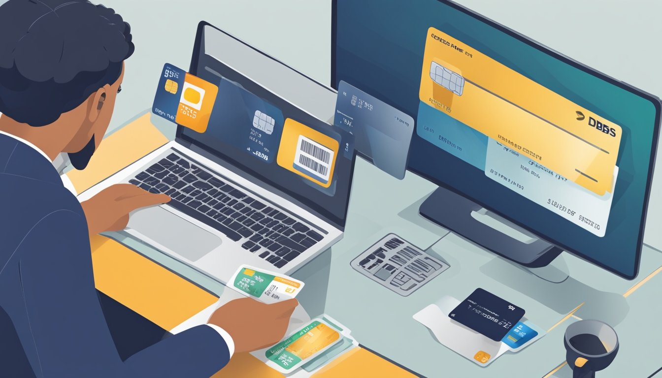 A person sits at a desk with two credit cards in front of them. One card is from DBS, and the other is from a different bank. The person is transferring their balance from the other card to the DBS card using a laptop