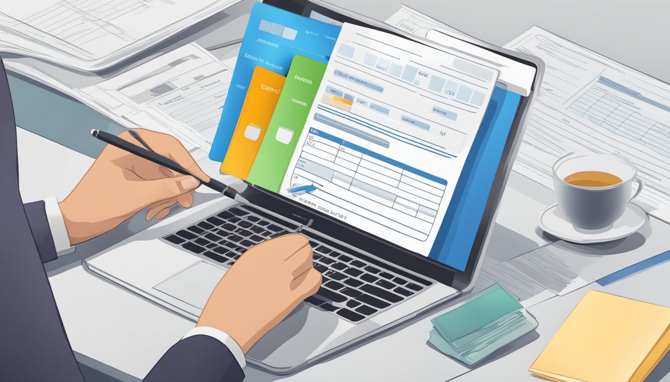 A person filling out a credit card balance transfer application form with eligibility criteria listed nearby