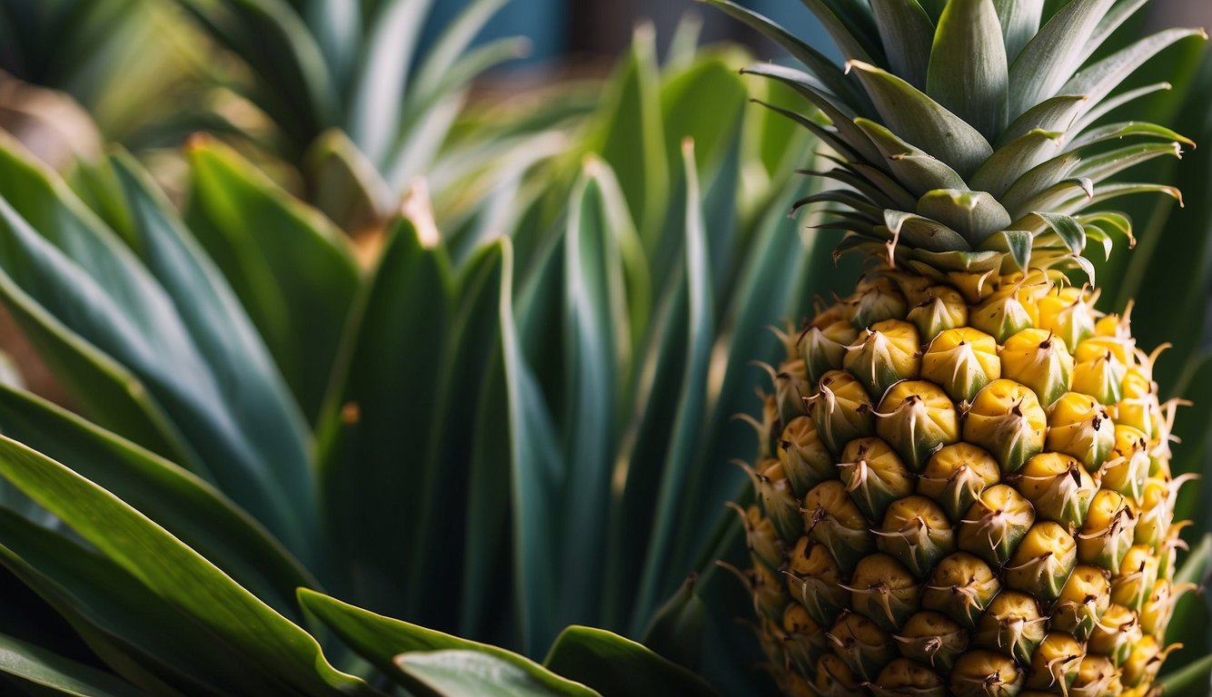 A pineapple with vibrant green leaves, golden skin, and a sweet aroma. The fruit feels firm yet slightly yielding when gently pressed