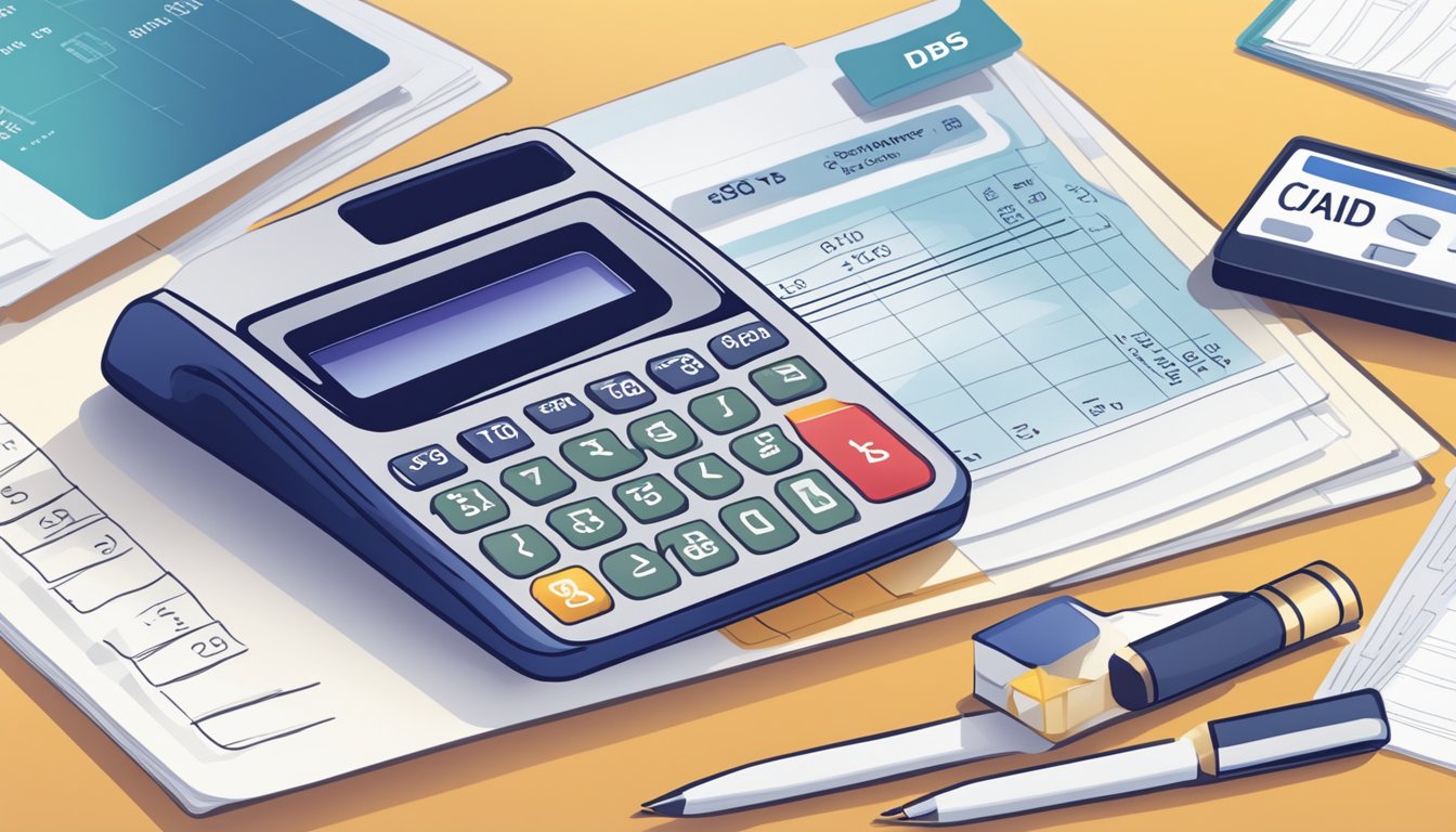 A credit card with "DBS Balance Transfer Terms" displayed, surrounded by financial documents and a calculator