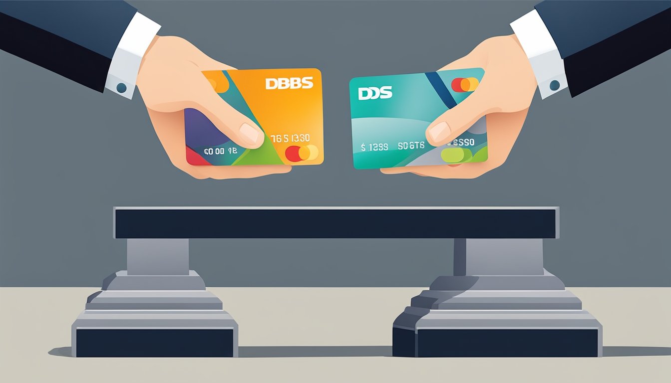 A hand holding a dbs credit card hovers over a scale, with one side showing a large balance and the other side showing a smaller balance, symbolizing a successful balance transfer
