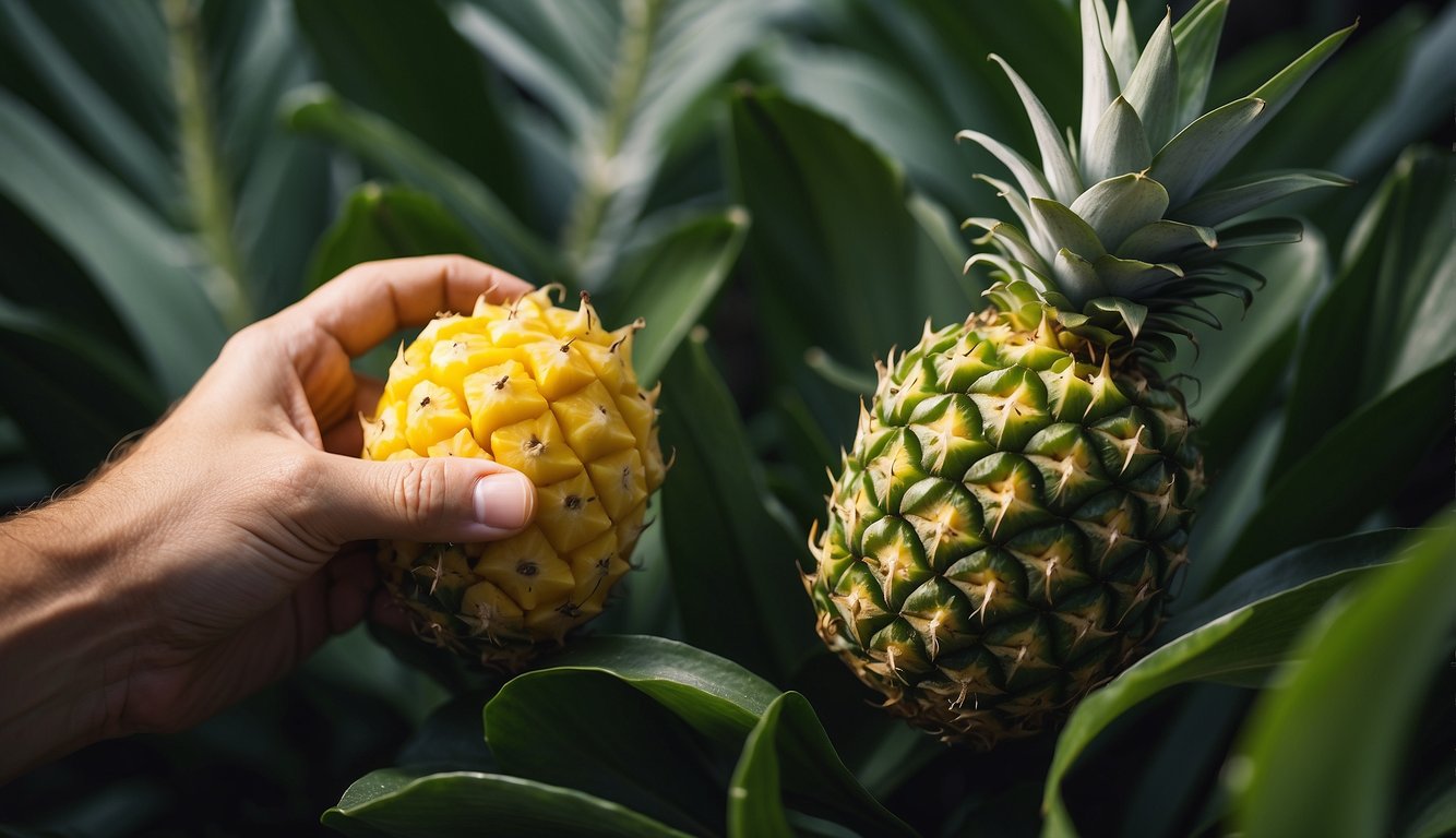 A hand reaching for a ripe pineapple, surrounded by green leaves and a hint of yellow on the fruit's skin
