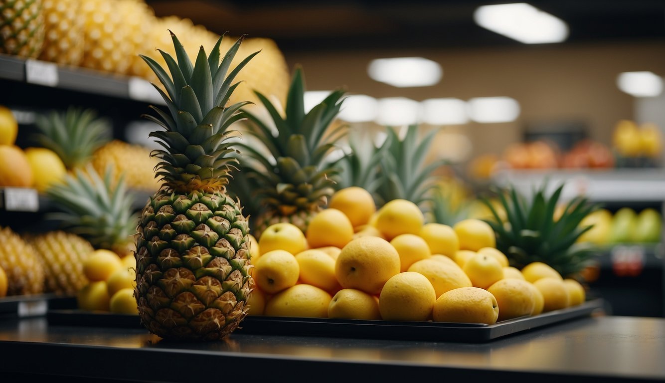 A pineapple sits on a display table in a grocery store. A hand reaches out, tapping the fruit to check for firmness