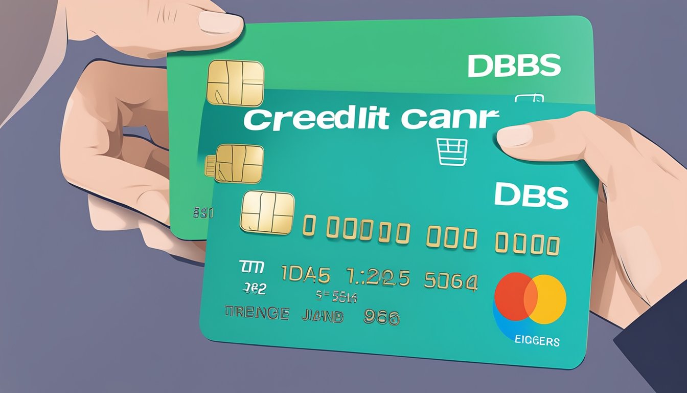 A hand holding a credit card with the words "DBS credit card balance transfer Singapore" displayed on the card