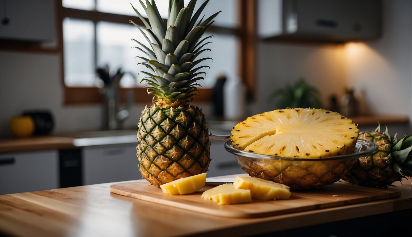 A pineapple sits on a kitchen counter next to a cutting board and knife. The pineapple is being sliced and prepared for storage in a container