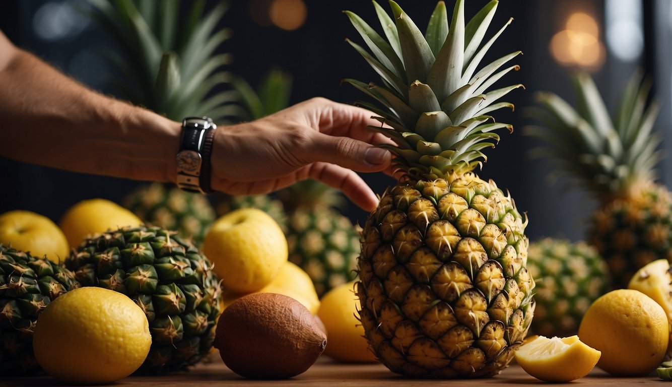 A hand reaches for a ripe pineapple, twisting the crown to check for freshness. Another hand slices the fruit into juicy wedges, ready for serving