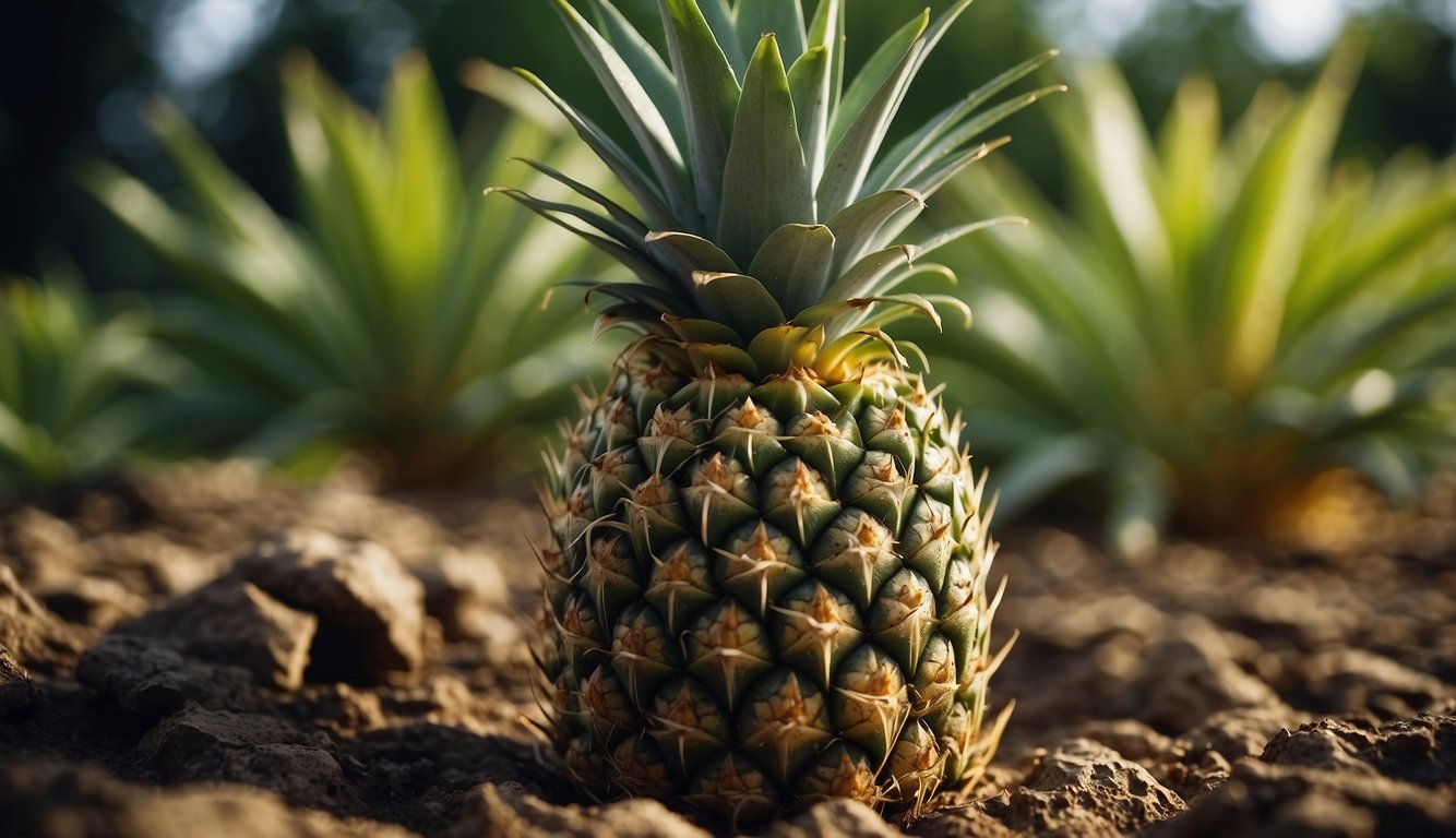 A pineapple plant grows tall with spiky leaves. A ripe pineapple is plucked from the center, leaving the plant to regrow