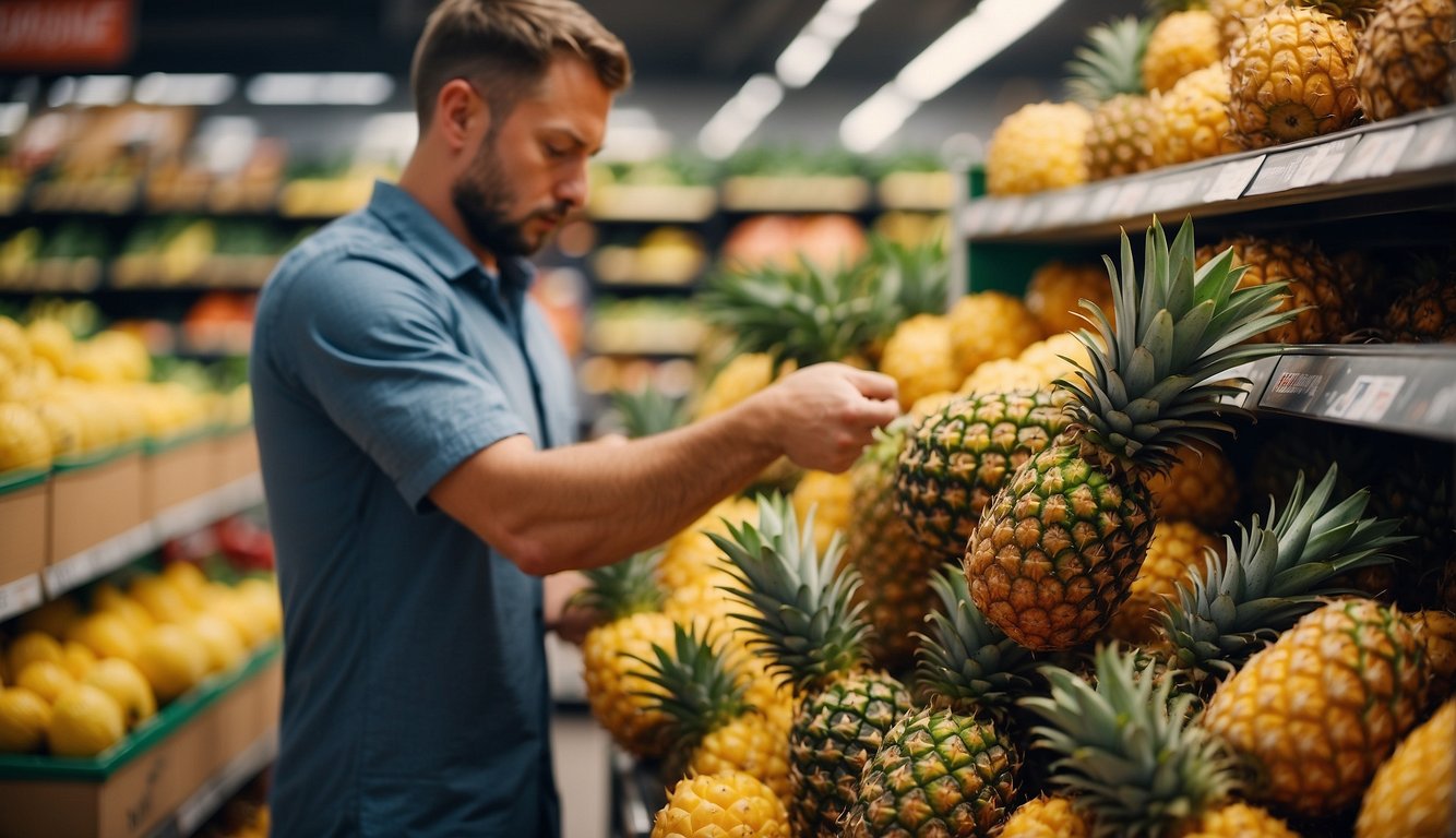 A person selects a ripe pineapple from a stack at the grocery store