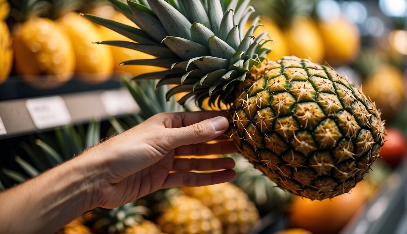 A hand reaching for a ripe pineapple in a grocery store display
