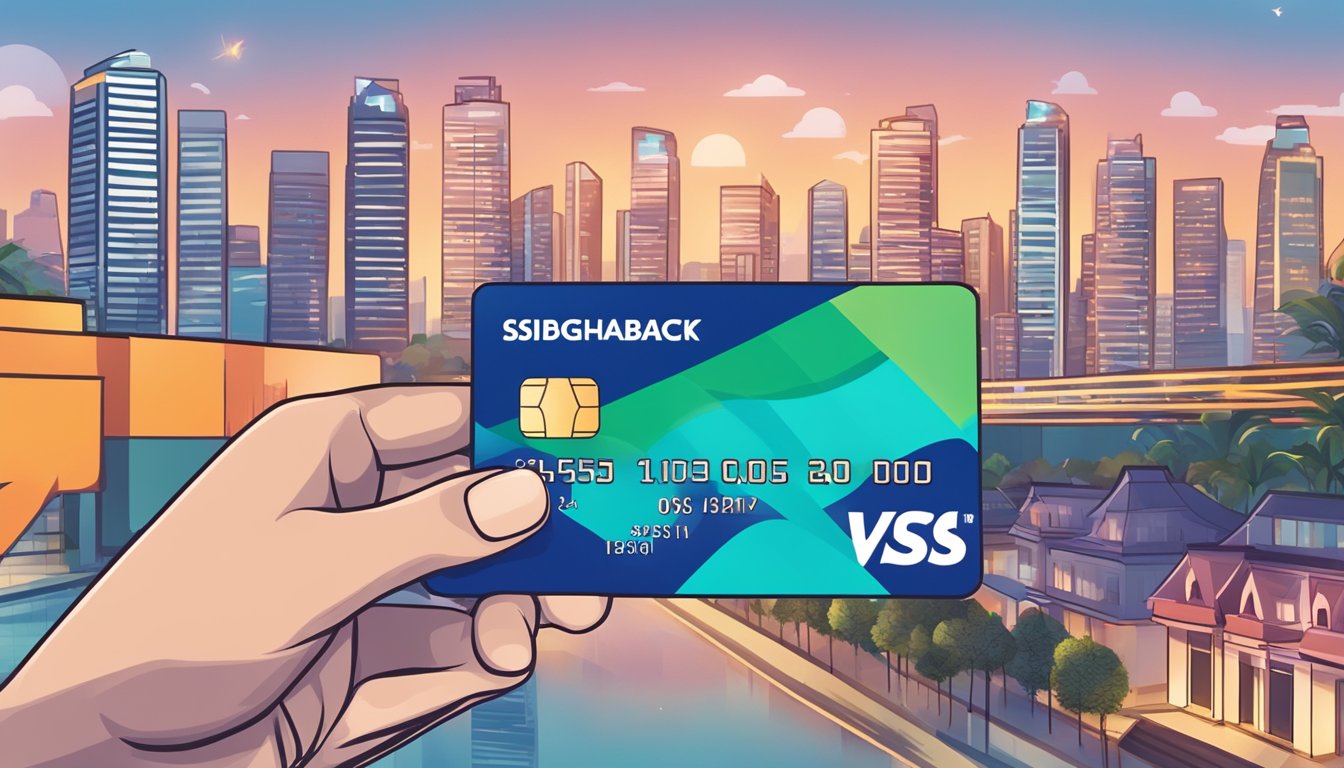 A hand holding a DBS credit card with cashback rewards displayed on a vibrant Singaporean cityscape background